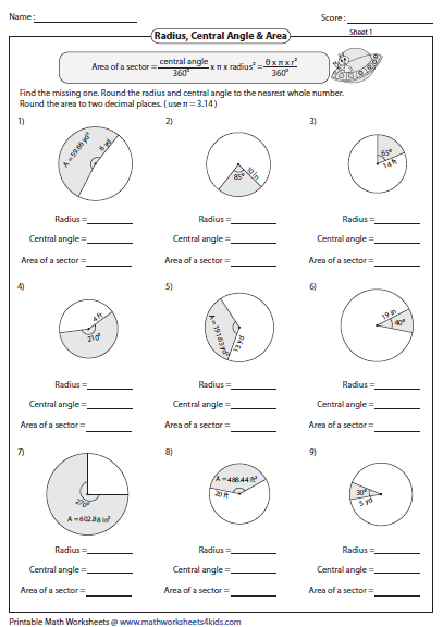 Arc Length And Area Of Sector Worksheets