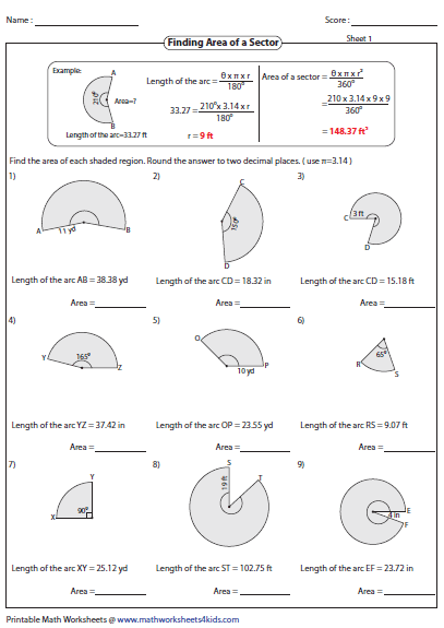Arc Length And Area Of Sector Worksheets
