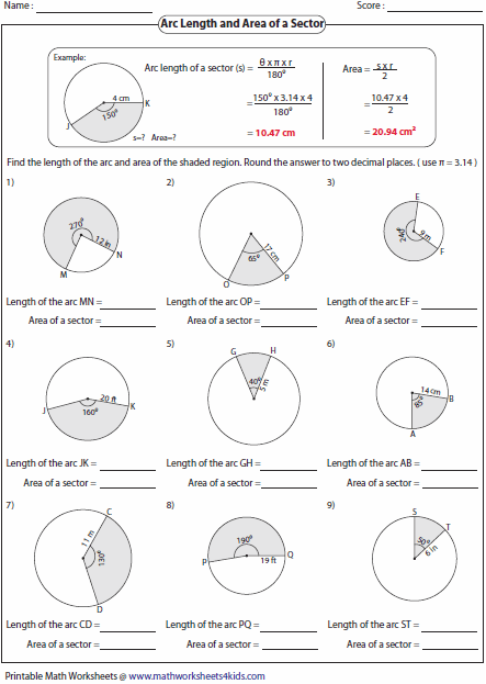 Arc Length And Area Of Sector Worksheets