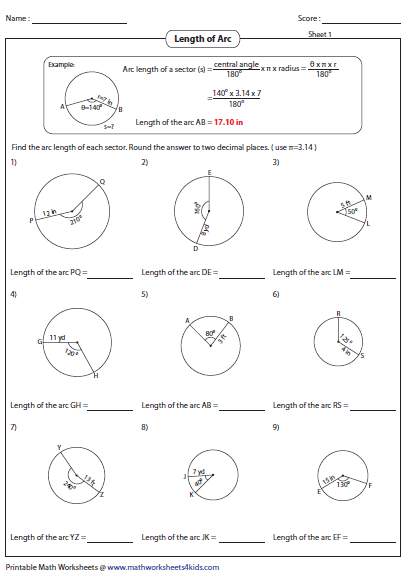 Arc Length And Area Of Sector Worksheets
