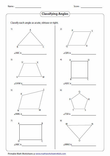 Classifying And Identifying Angles Worksheets