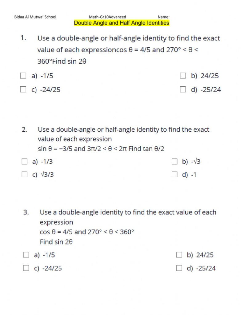 Double And Half Angle Identities Worksheet Slidedocnow