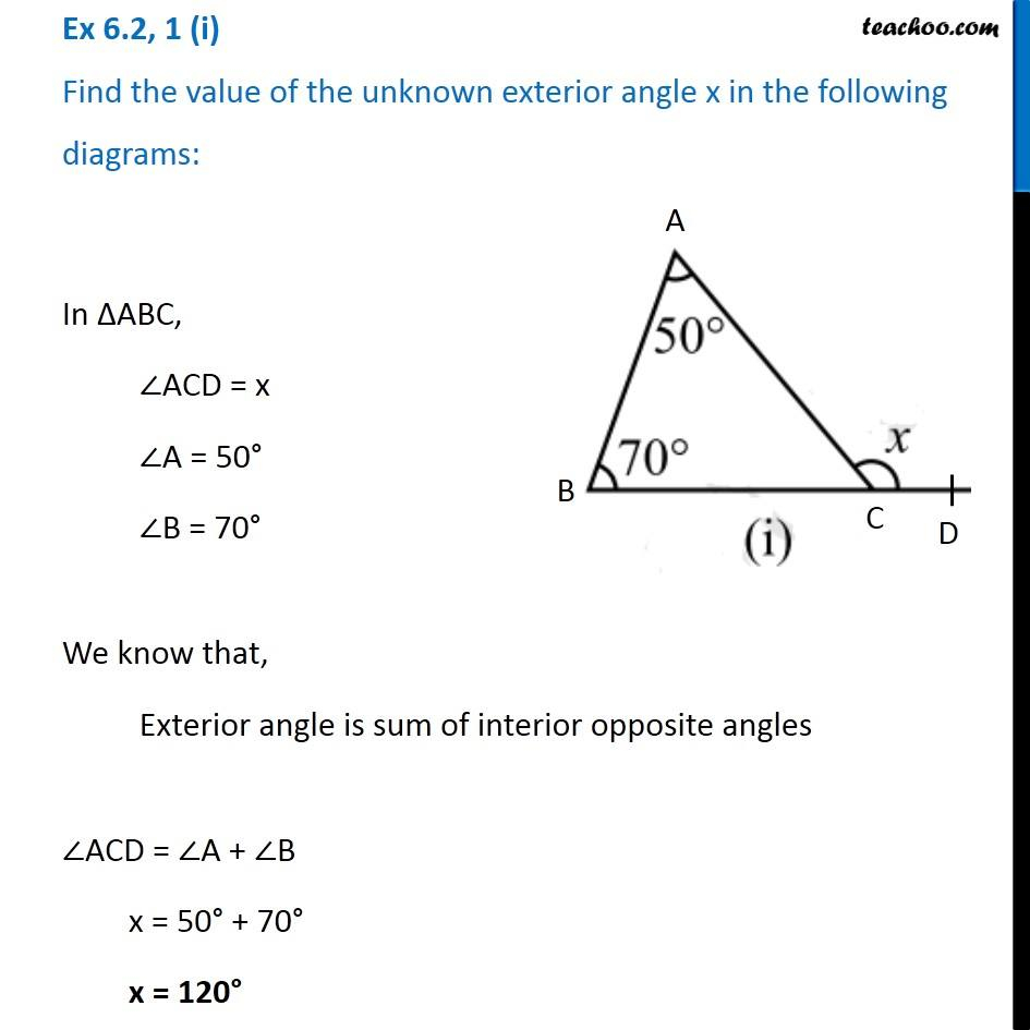 Ex 6 2 1 Find The Value Of The Unknown Exterior Angle X In