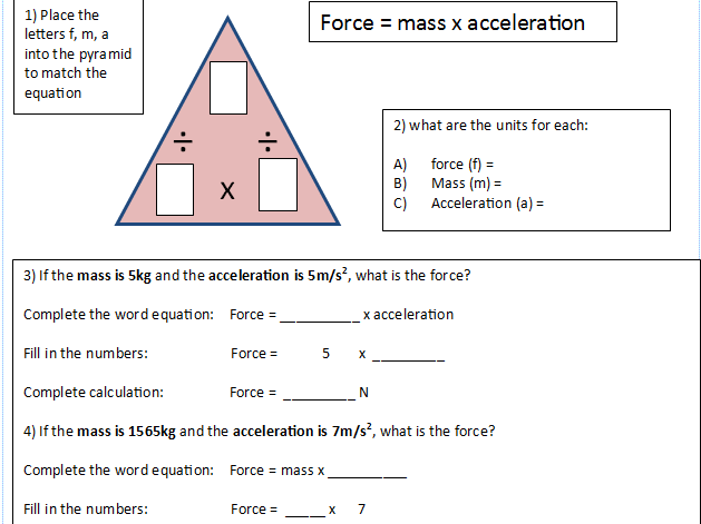 F ma Calculation Worksheet LA Teaching Resources