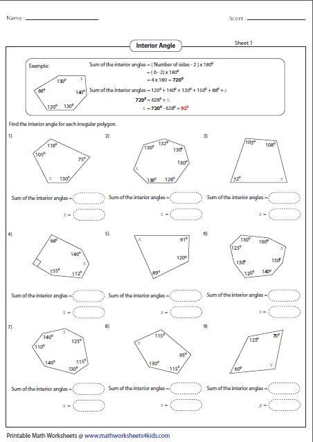 Find The Interior Angle Of Each Polygon Angles Worksheet Geometry