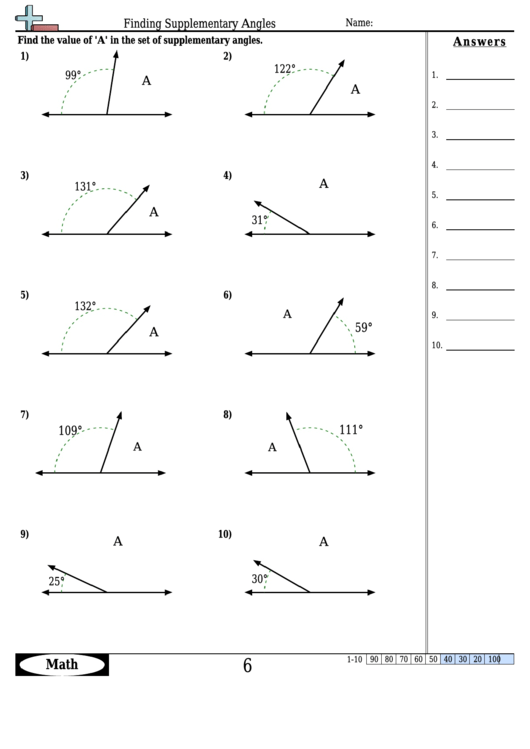 Finding Supplementary Angles Angle Worksheet With Answers Printable