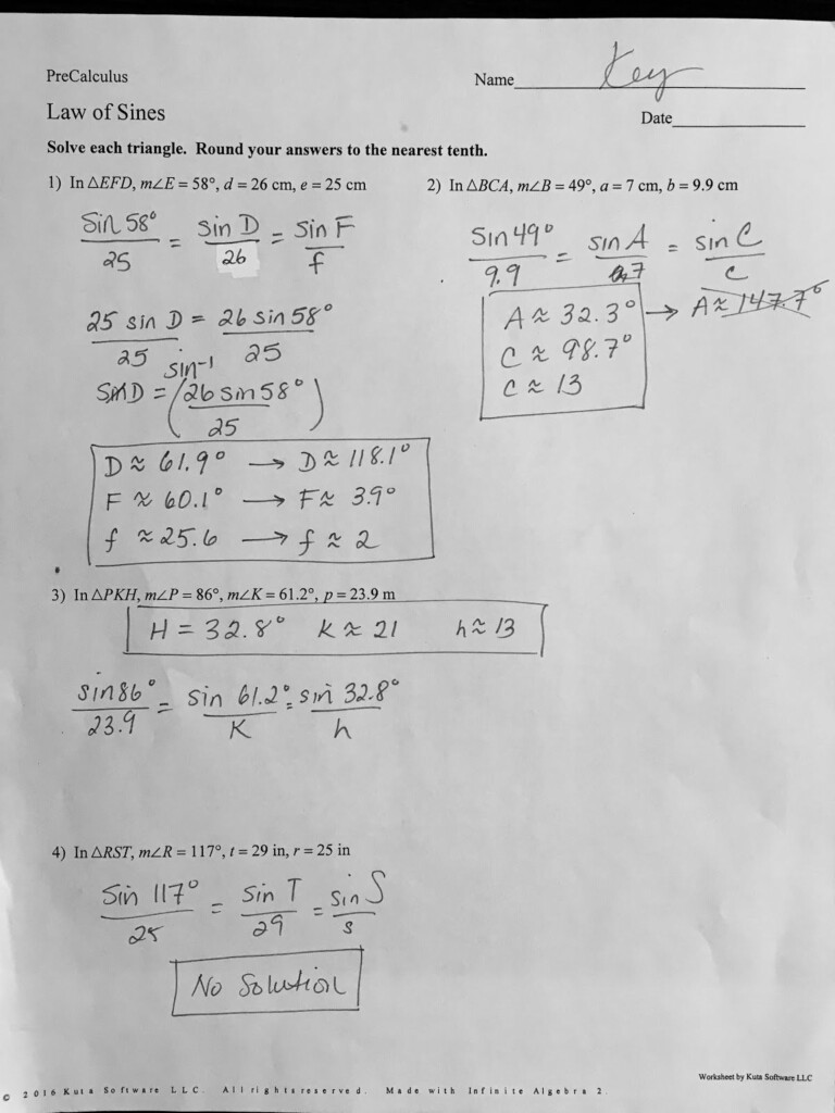 Kuta Software Law Of Sines And Cosines Worksheet Answers Kidsworksheetfun