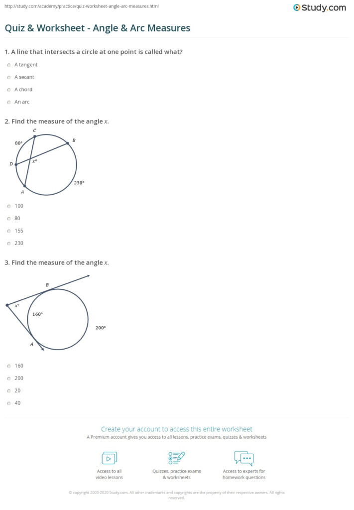 Quiz Worksheet Angle Arc Measures Study