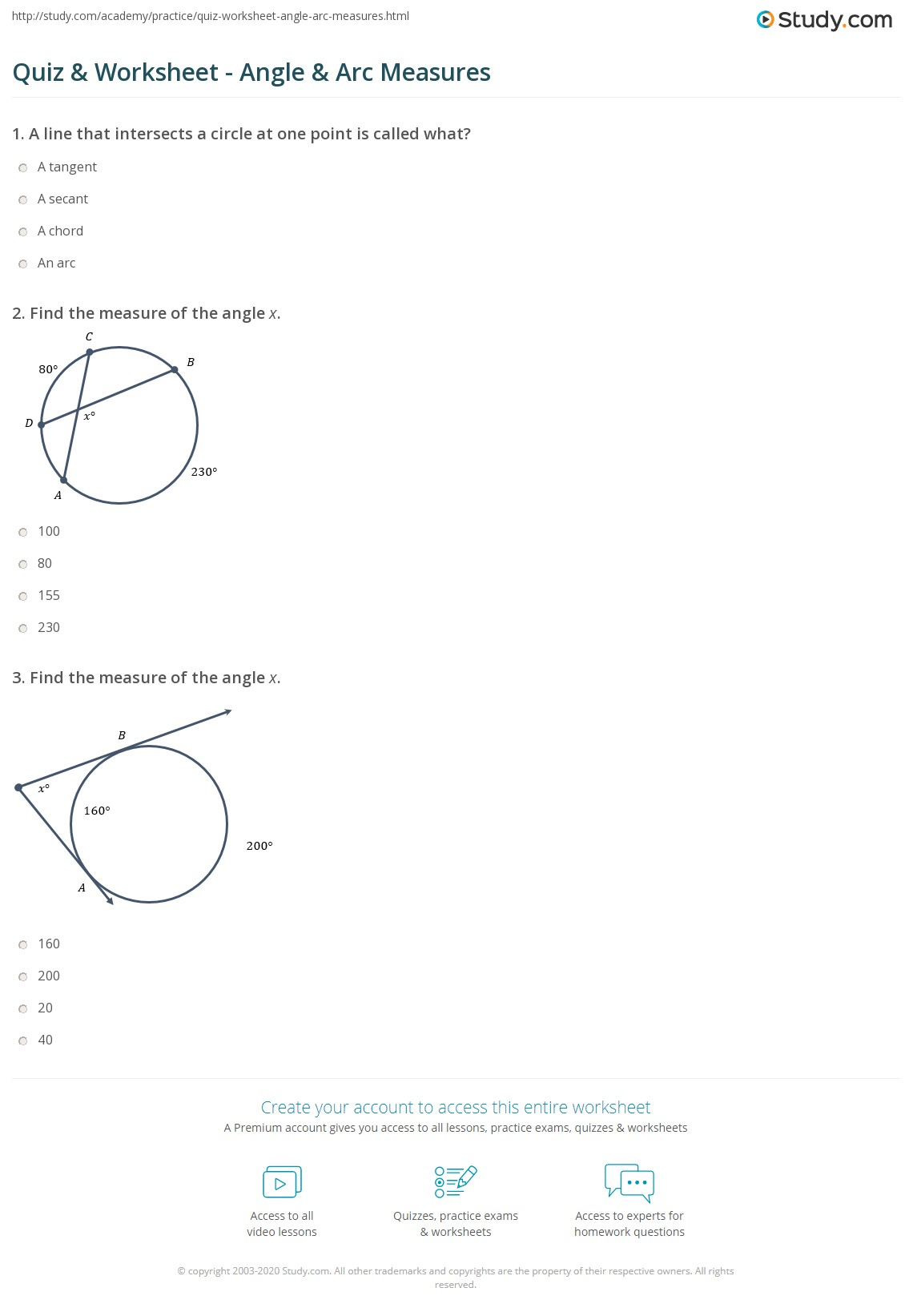 Quiz Worksheet Angle Arc Measures Study
