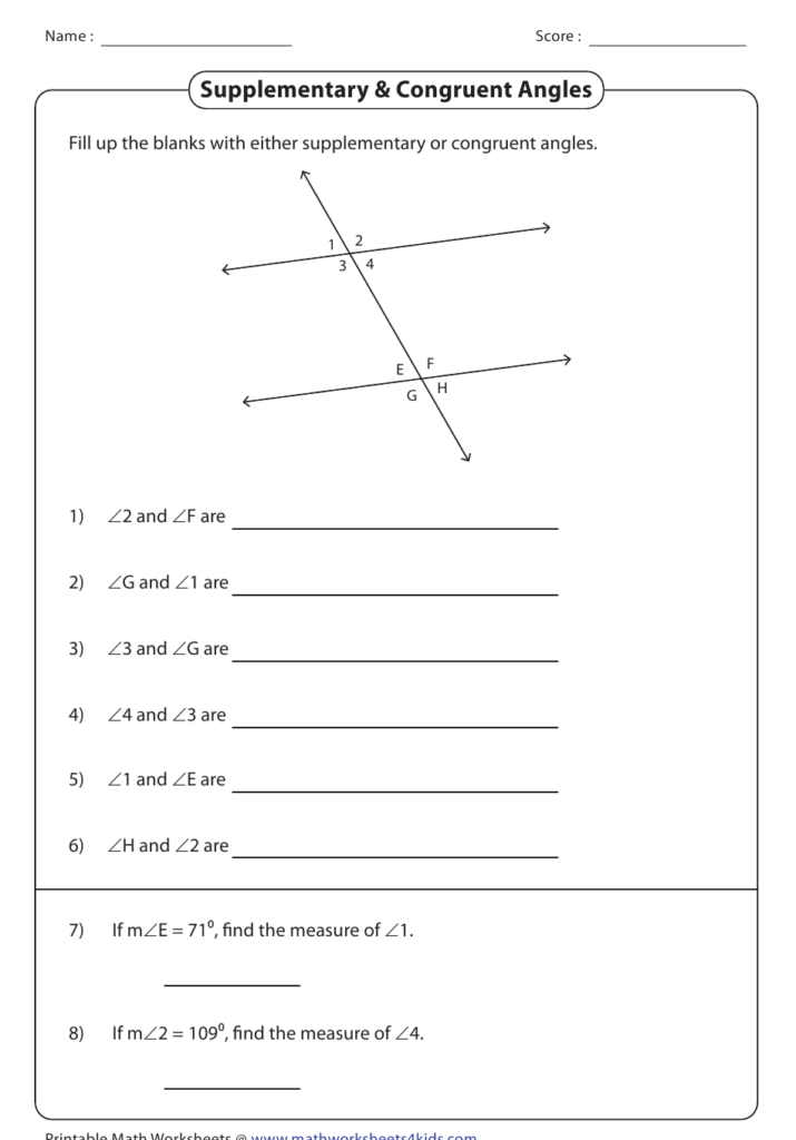 Supplementary Congruent Angles Worksheet With Answer Key Download 