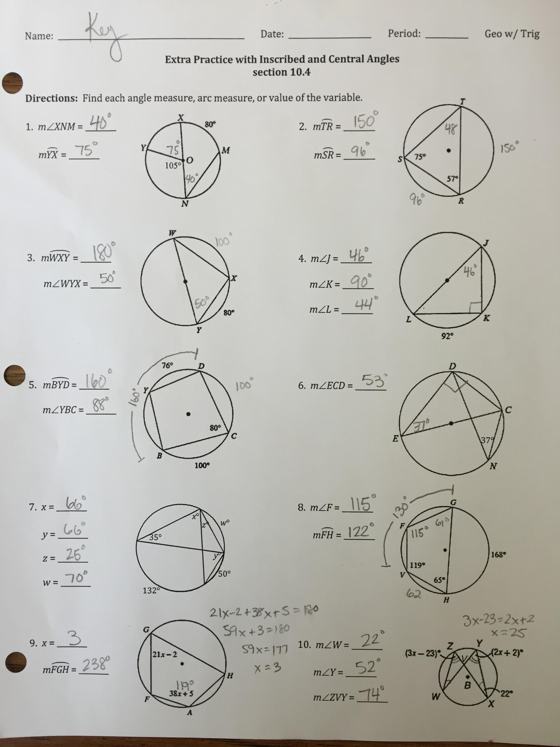 Unit 10 Circles Homework 5 Inscribed Angles Answer Key Inscribed