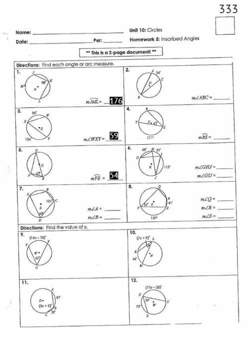 Unit 10 Circles Homework 5 Inscribed Angles Answers Solved Name Unit
