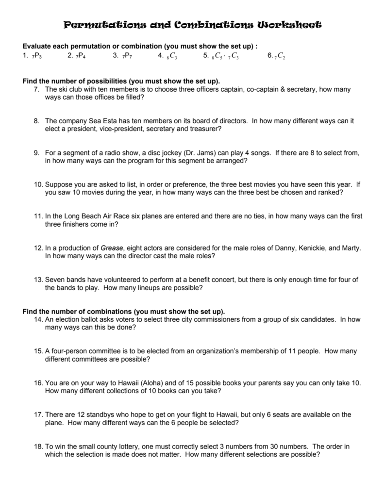 Acc Math I Permutations And Combinations Worksheet Answer Key Math 