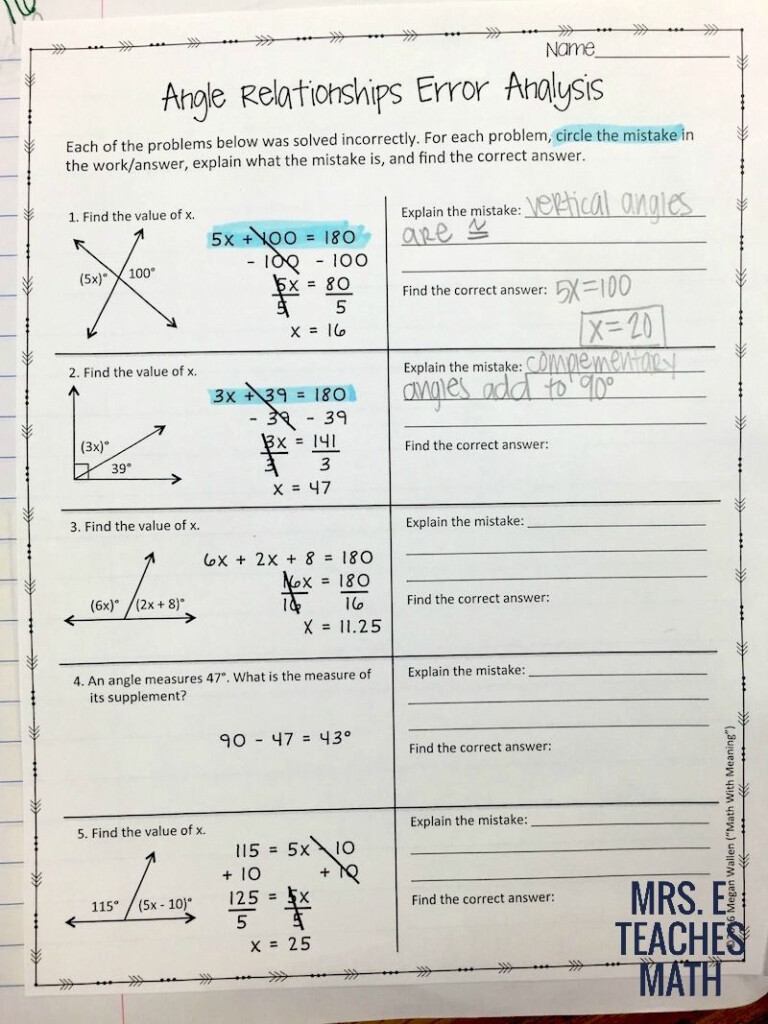 Angles And Relationships INB Pages Error Analysis Math Relationship 