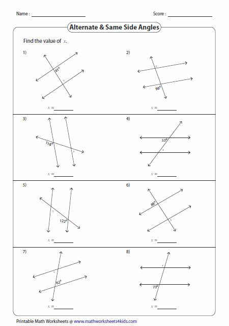 Angles Formed By A Transversal Worksheets
