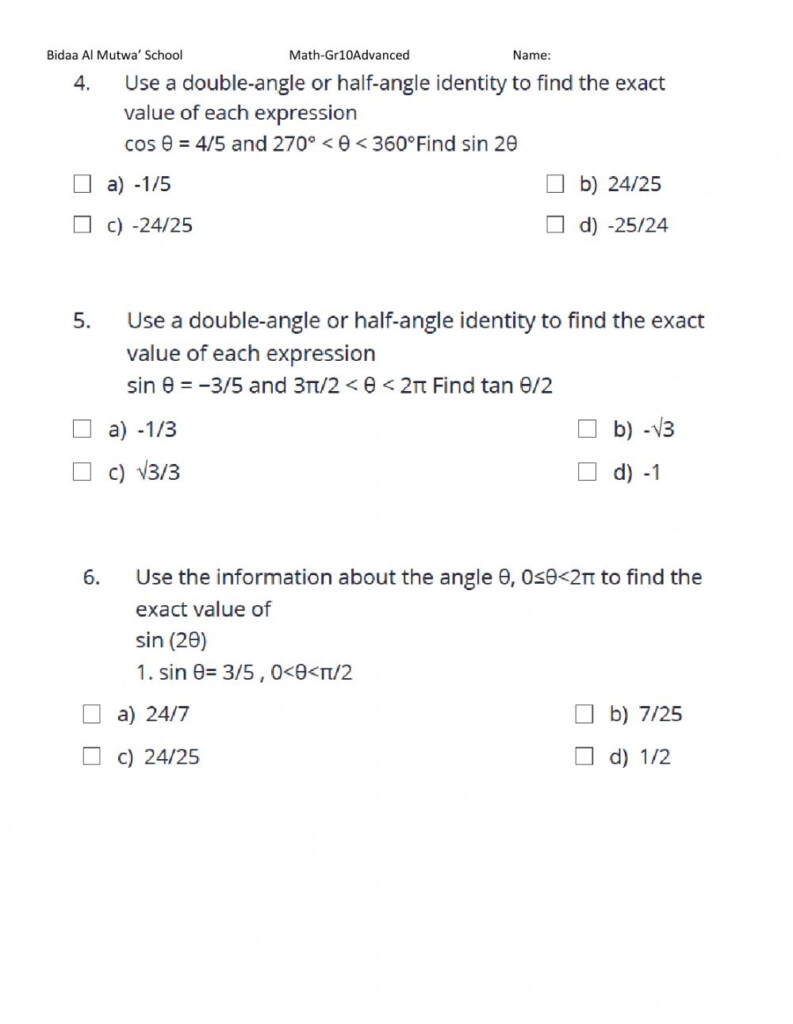 Double Angle Identities Worksheet
