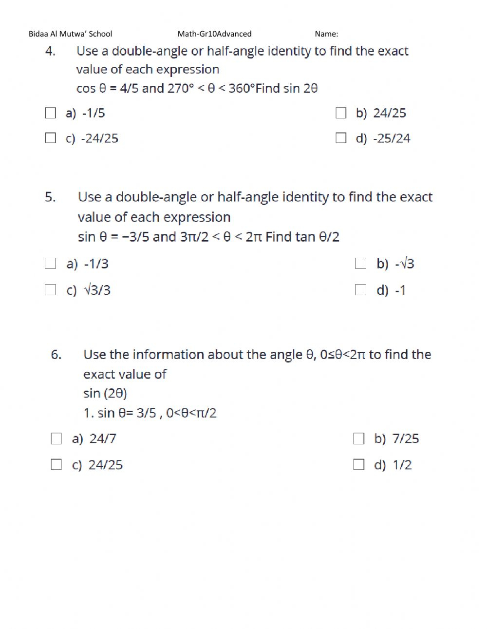 Double Angle Identities Worksheet Answers Angleworksheets