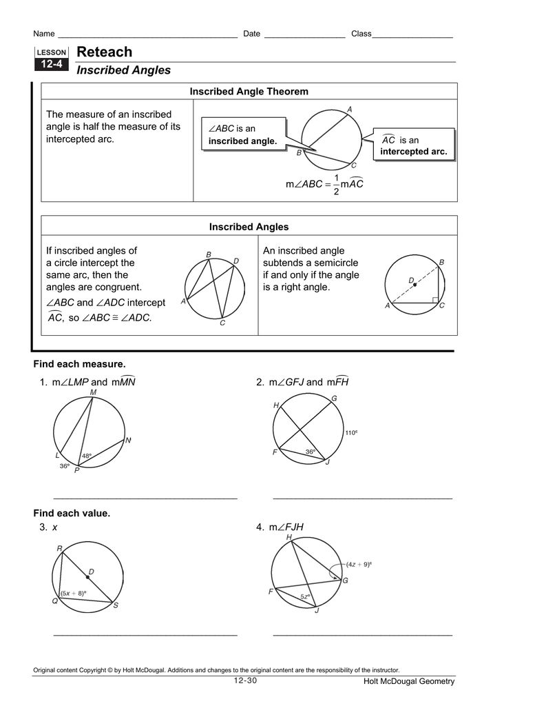 Inscribed Angles Worksheet Doc Thekidsworksheet