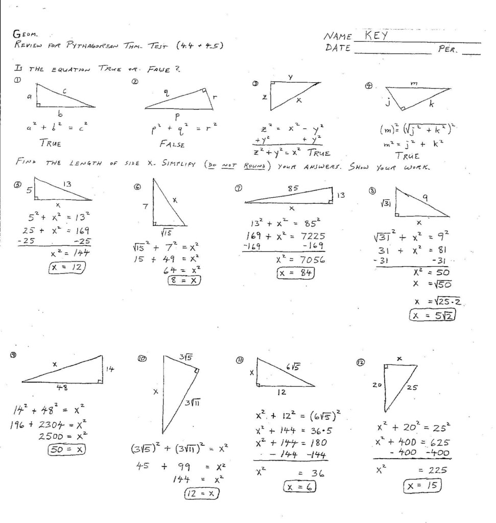 Right Triangles Test Answer Key