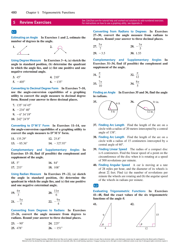 Solved 480 Chapter 5 Trigonometric Functions 5 Review Exe Chegg