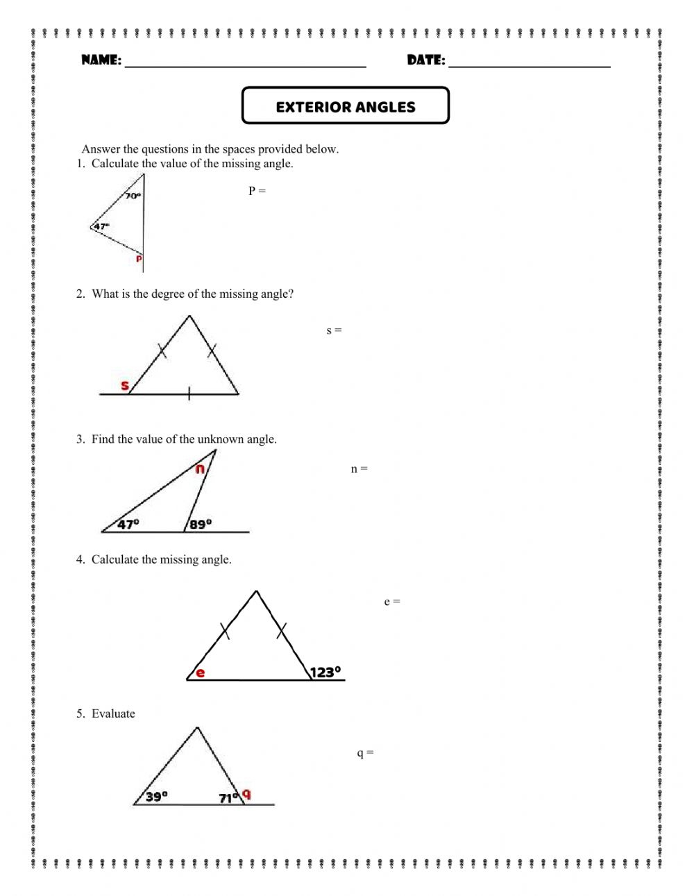 Triangle Angle Sum Worksheet