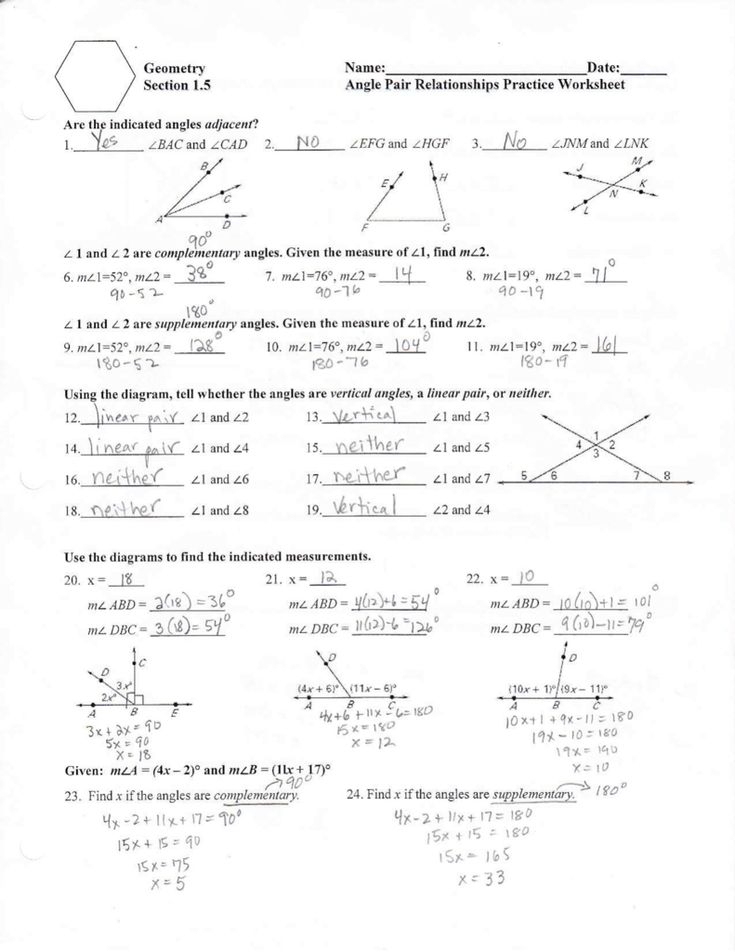 1 5 Angle Relationships Worksheet Answers