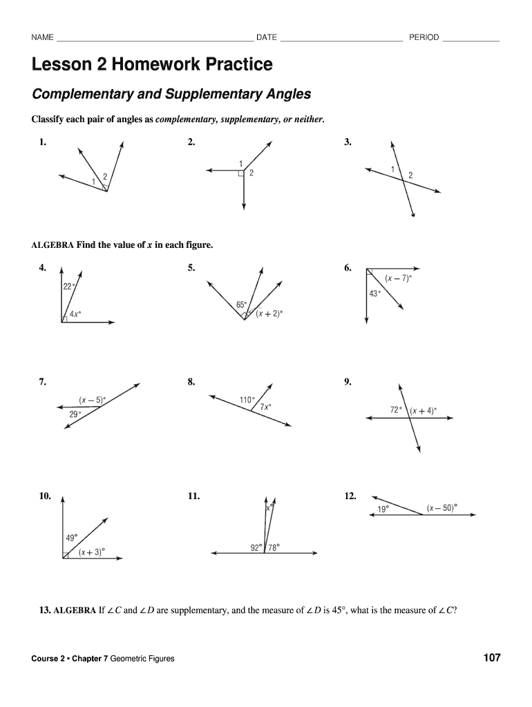 Angle Pair Relationships Practice Worksheet