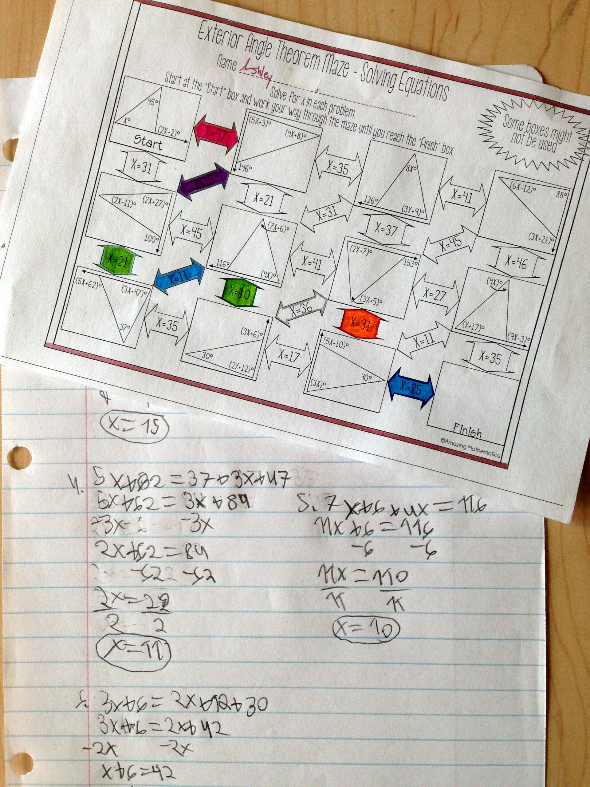 Angle Relationships Maze Solving Equations Worksheet Answer