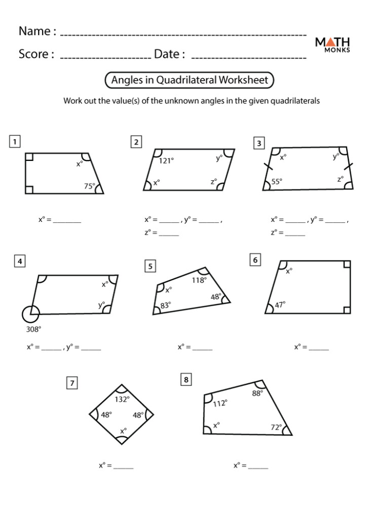 Angles In Quadrilaterals Worksheets Math Monks