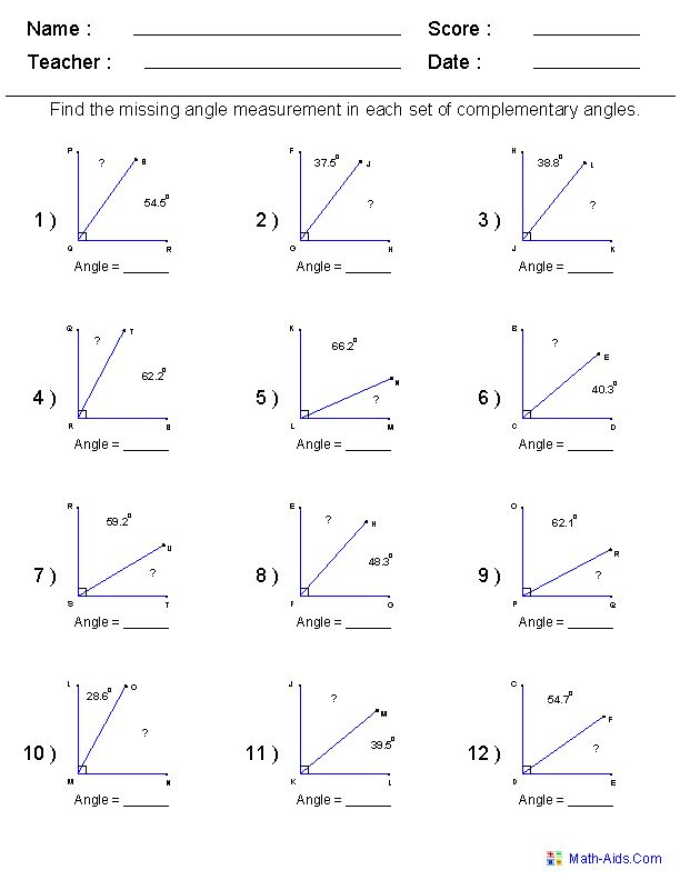 Complementary Angles Worksheet Answer Key