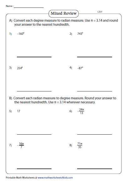 Converting Degrees To Radians Worksheet