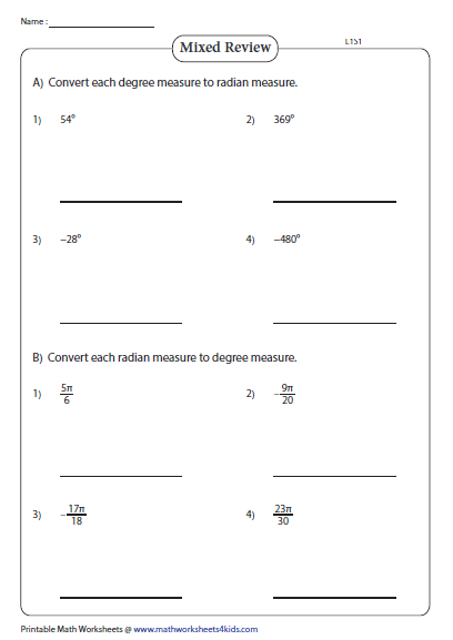 Converting Degrees To Radians Worksheet