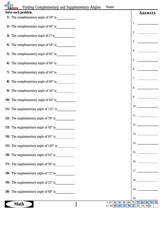 Finding Complementary And Supplementary Angles Angle Worksheet With