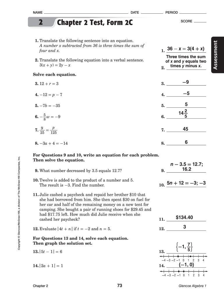 Glencoe Geometry Chapter 2 Test Form 1 Answer Key Fill Online 