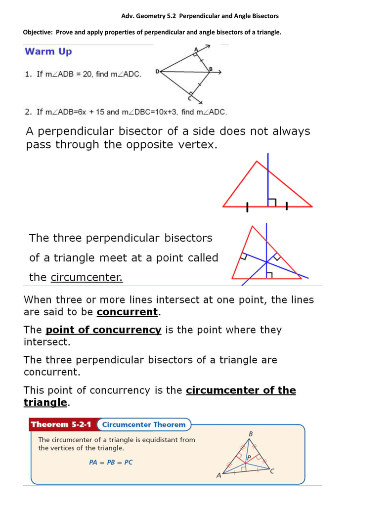 Perpendicular And Angle Bisectors Worksheets Answers