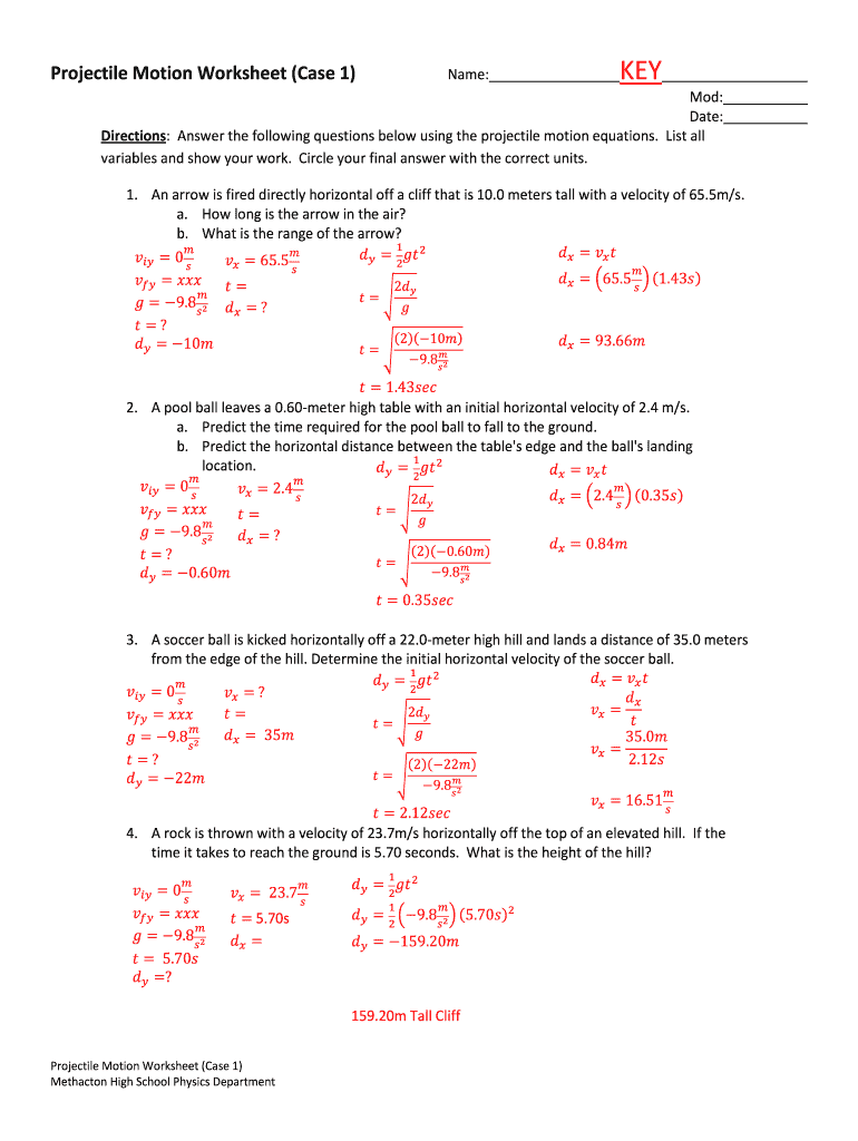 Projectile Motion Worksheet With Answers