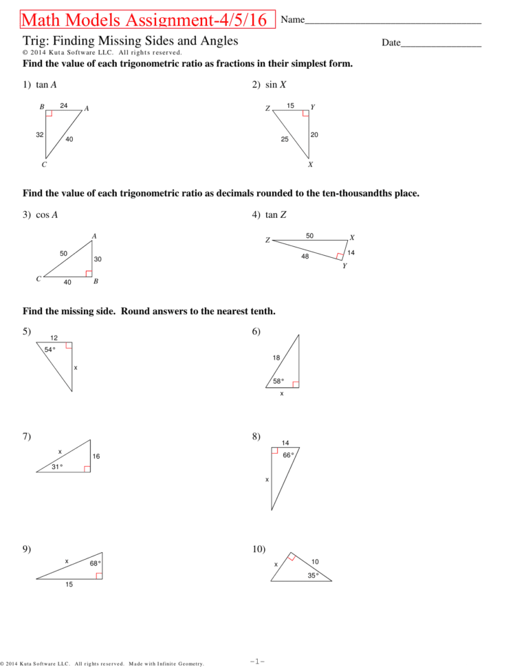 Right Triangle Trig Finding Missing Sides And Angles Worksheet Answers