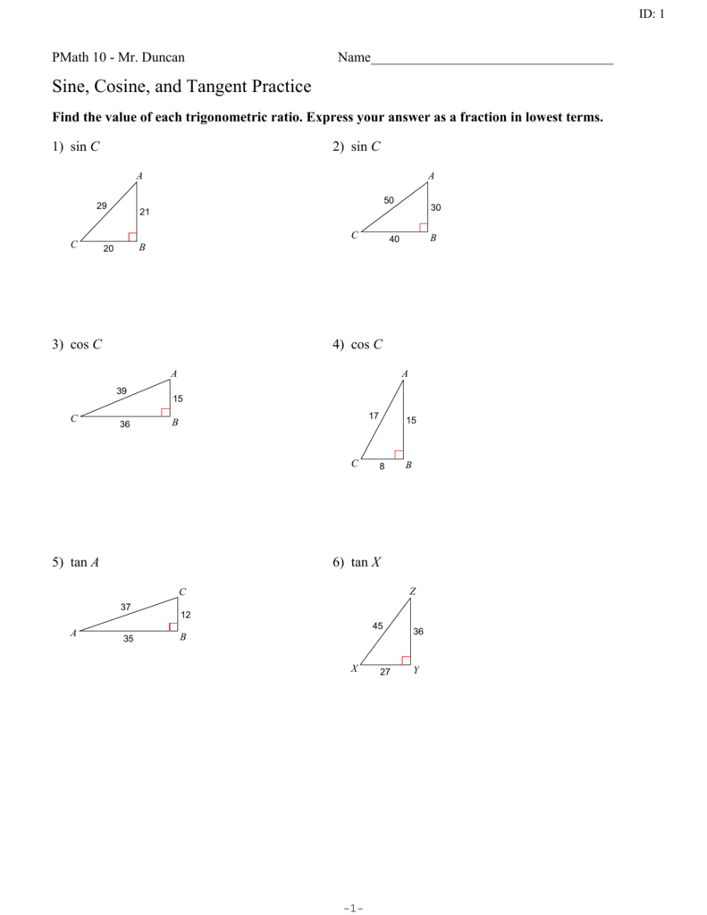 Sine Cosine Tangent Practice Worksheet