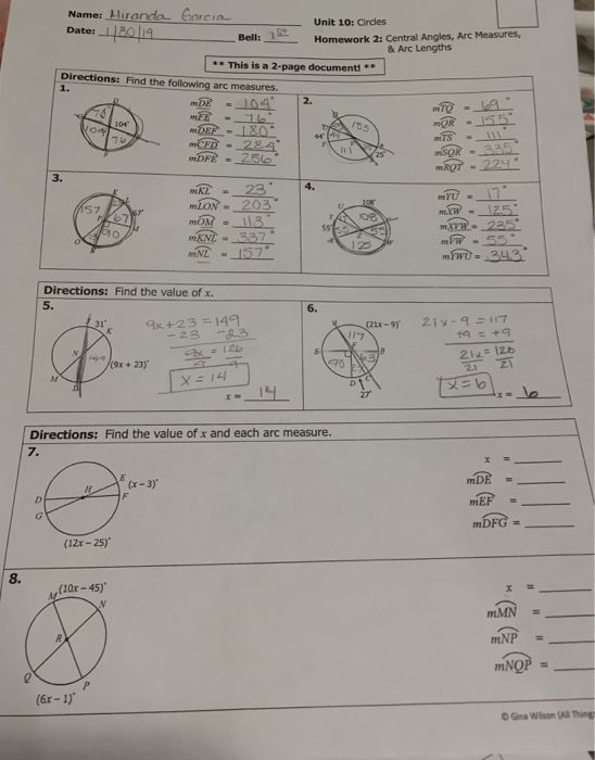 Central Angles And Arc Measures Answer Key