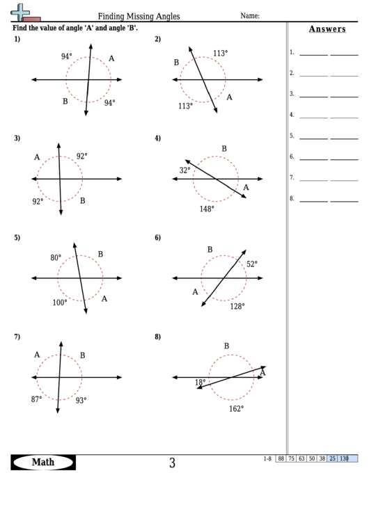 Finding Missing Angles Angle Worksheet With Answers Printable Pdf