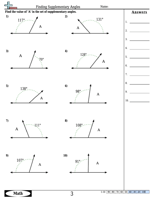 Finding Supplementary Angles Angle Worksheet With Answers Printable 