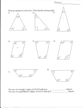 Missing Angles Worksheet Triangles And Quadrilaterals TpT