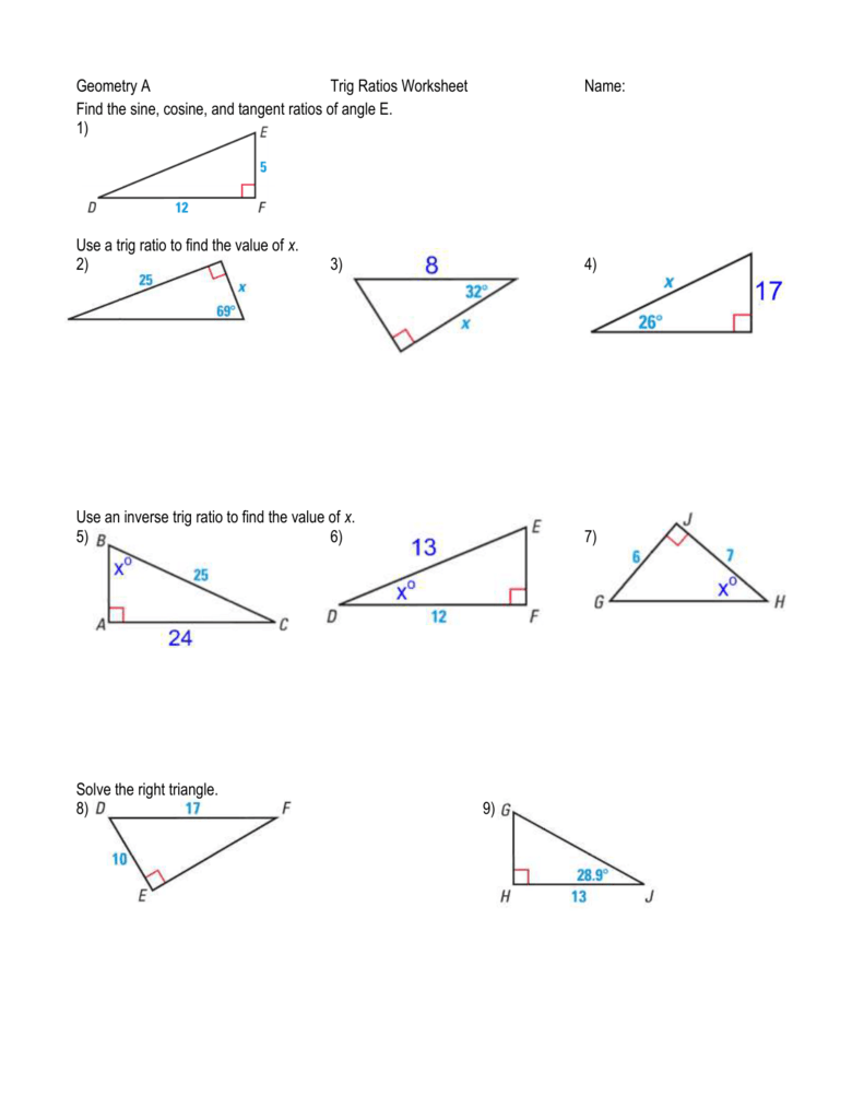 Trigonometric Ratios Worksheet Answers