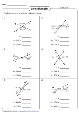 Vertical Angles Worksheets