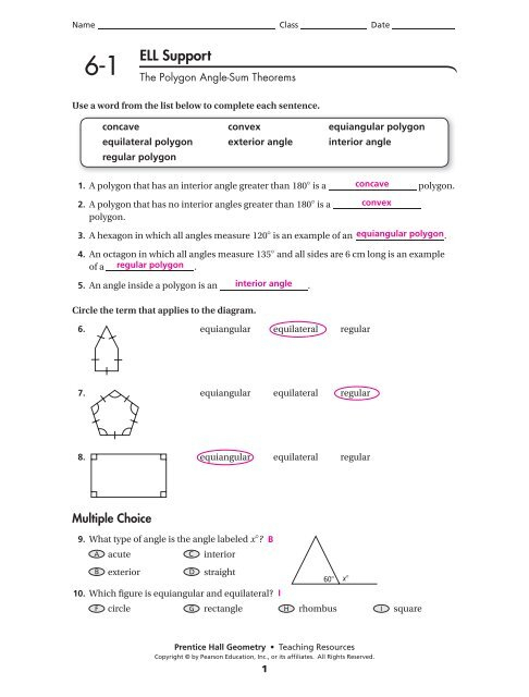 6 1 Angles Of Polygons Worksheet Answers Skill Practice Glencoe