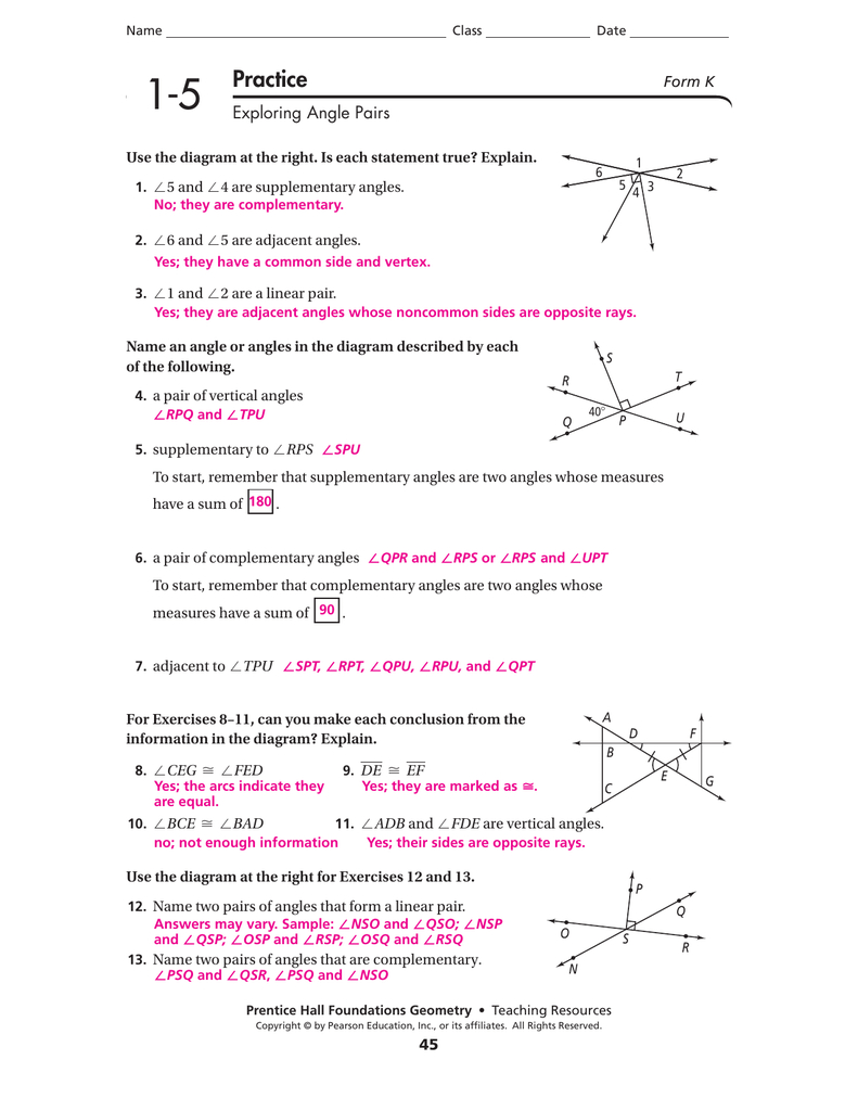 Angle Relationships Worksheet With Answers