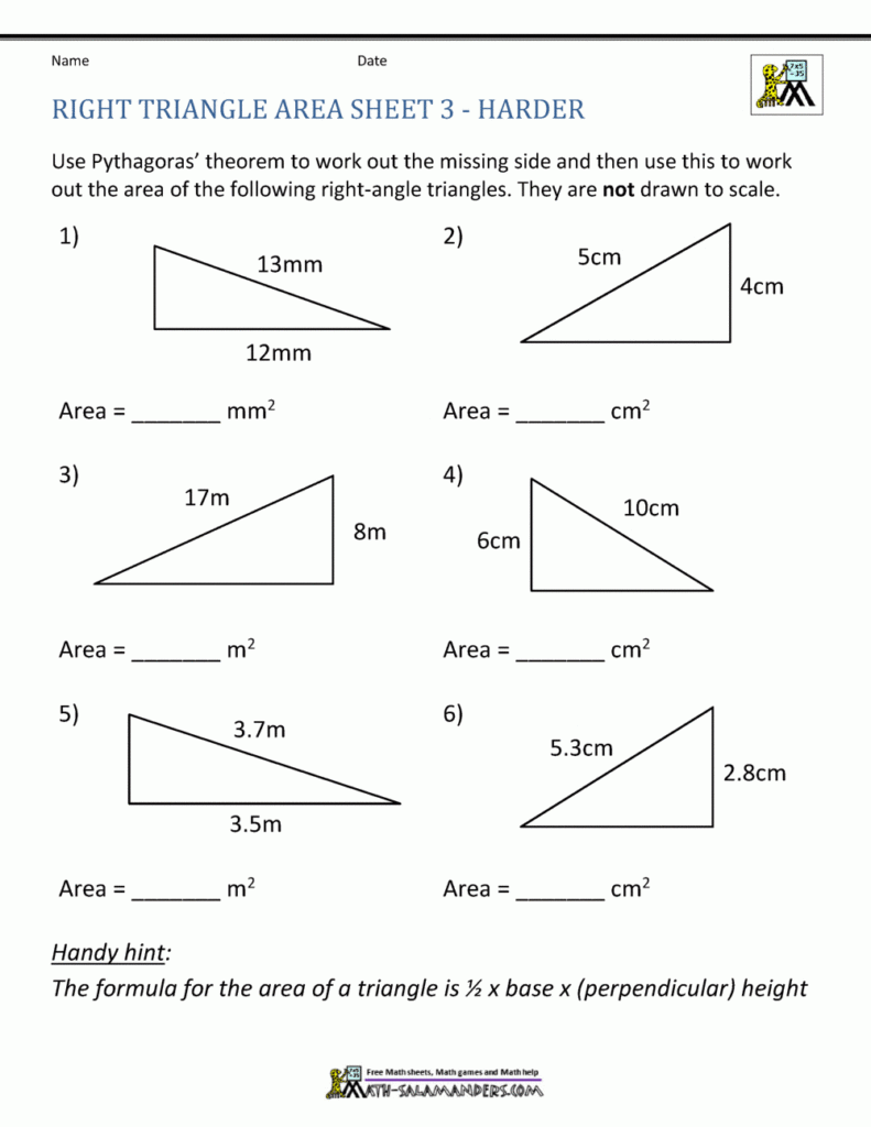 Area Of Right Triangle Worksheets