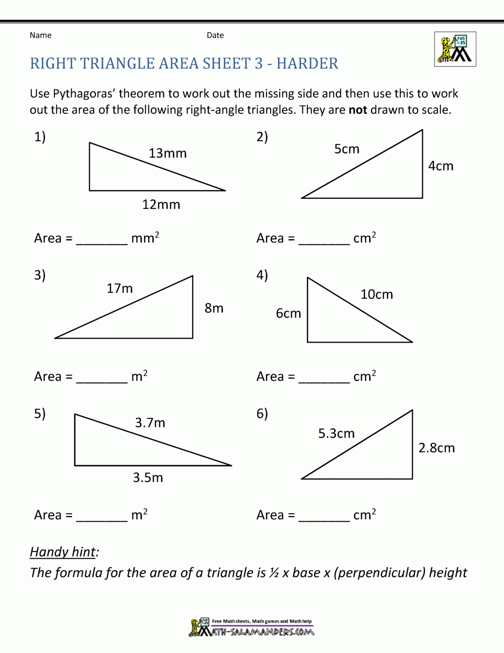 Area Of Right Triangle Worksheets