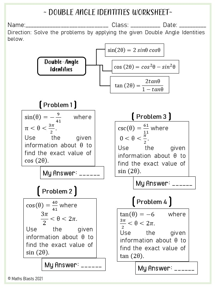 Double And Half Angle Identities Worksheets Made By Teachers