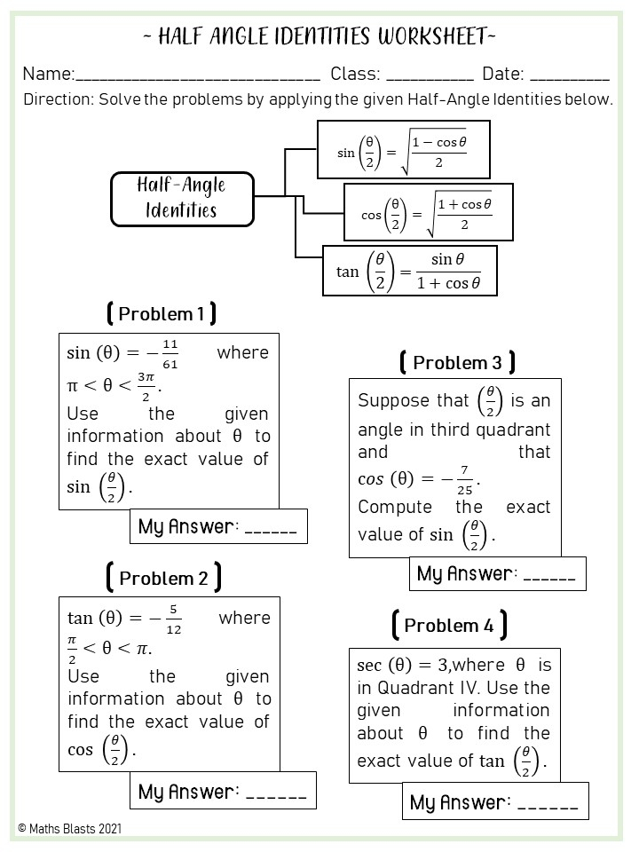 Double And Half Angle Identities Worksheets Made By Teachers